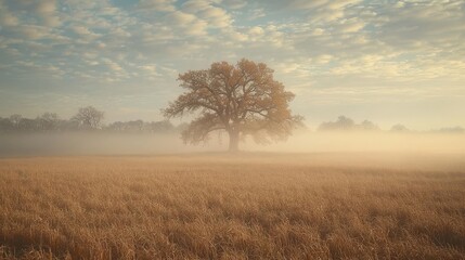 Fototapeta premium A serene landscape featuring a solitary tree in a misty field surrounded by soothing hues of early morning light