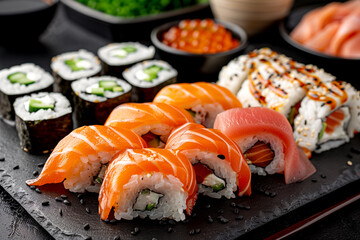 A plate of sushi with a variety of rolls, including a salmon roll. The sushi is arranged on a black plate, and there are several bowls and spoons nearby. Scene is casual and inviting