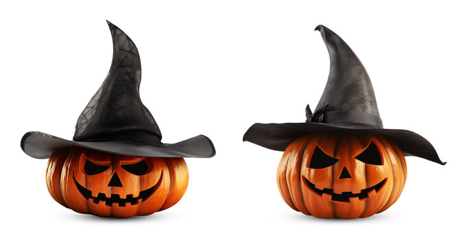 Carved Halloween jack-o'-lantern pumpkins wearing witch hats