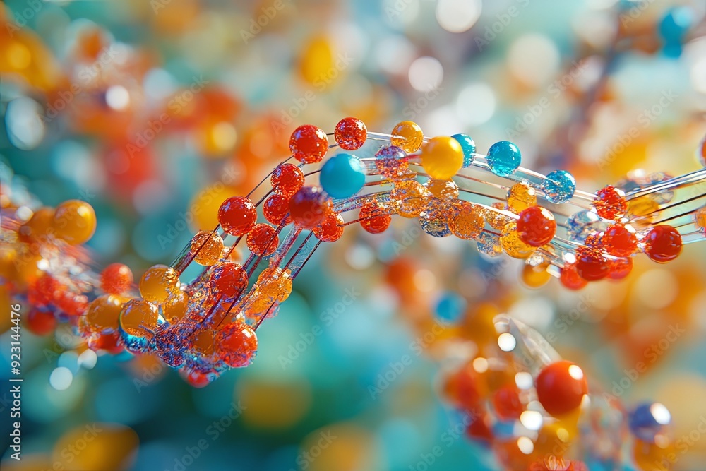 Poster colorful strands of dna with vibrant molecules intertwine in a detailed close-up, showcasing the com