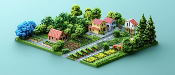 Lush Urban Oasis: Isometric Cityscape with Vibrant Urban Farms and Sustainable Agriculture
