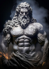 Obraz premium A Zeus sculpture, showcasing a muscular physique with intense expression, surrounded by mist and fiery elements