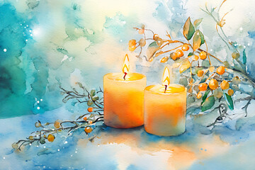 Watercolor illustration of two glowing candles surrounded by winter foliage, creating a serene and warm ambiance perfect for the holiday season.