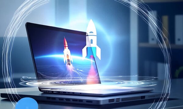 A laptop showcases a rocket launch against the backdrop of a dark, modern office environment
