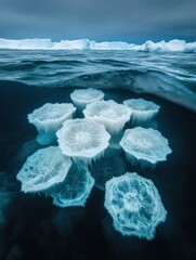 Plankton float in a pristine Arctic sea, emphasizing their impact on the carbon cycle amidst icy textures and a crisp, cold atmosphere. 