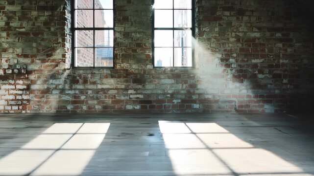 Sunlight streaming through large windows onto a rustic brick wall in an empty loft, creating a warm, inviting atmosphere.