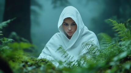 A ghostly figure emerging from a misty forest with ethereal details and a haunting, otherworldly glow.