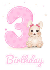 Cute baby shower card with number 3 and bunny. Birthday card. Vector illustration.