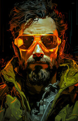 Dramatic portrait of a bearded man wearing orange sunglasses and a rugged jacket set against a dark background exuding a gritty futuristic vibe