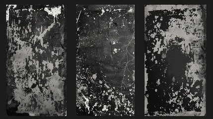 Set of 3 transparent grunge abstract dirty background frame textures with dust overlay.  . Monochrome abstract splattered background.