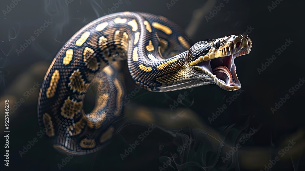 Poster a python snake with its mouth open, against a black background with smoke
