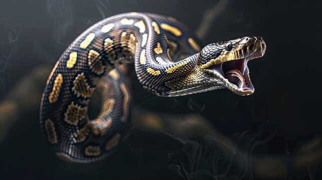A Python Snake With Its Mouth Open, Against a Black Background With Smoke