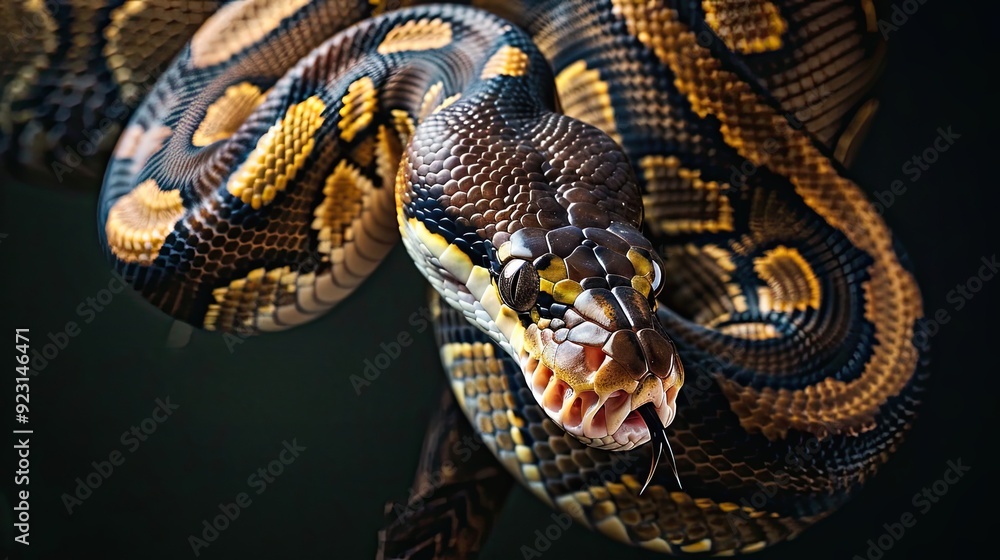 Poster close-up of a python snake's head and forked tongue