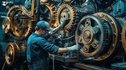 A factory worker in a blue uniform performs maintenance on large industrial gears, emphasizing the intricate engineering and precision required in heavy machinery operations