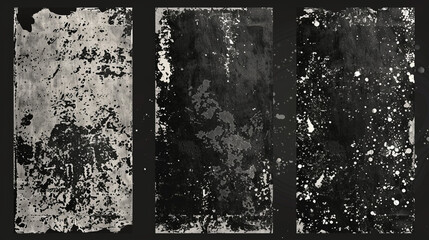 Black noise stipple dots halftone pattern on white horizontal background, grainy texture, dust and scratches.