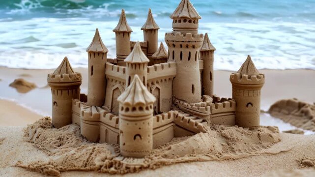 Detailed sandcastle on the beach near the waves, showcasing intricate design and creativity, representing summer fun and craftsmanship.