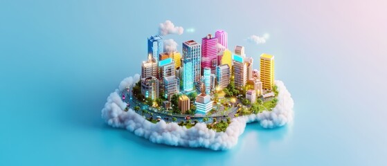 Futuristic Isometric City with Holographic Communication Technology