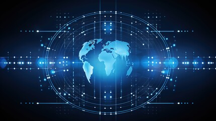 Abstract blue digital world map with glowing lines and dots.