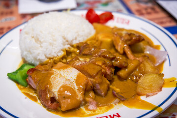 Delicious and fragrant curry pork chop rice in Hong Kong tea restaurant