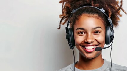 Portrait of a young woman with curly hair, wearing headphones and smiling with eyes closed, enjoying music, isolated on a white background.