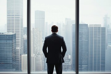 Fototapeta premium A businessman in a suit studies a report on bond performance in relation to changing interest rates, with a large window behind him offering a view of the financial district. The scene includes ample