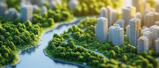 Fototapeta premium Urban Wildlife Oasis: Detailed Isometric City Wildlife Corridor View