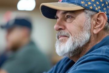 A veteran attending a group therapy session with other veterans in a community center, Generative AI