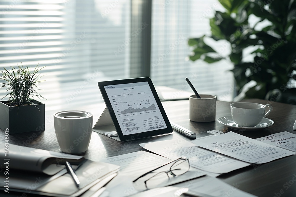 Poster a professional setting featuring a desk with bond certificates, a financial report on interest rates
