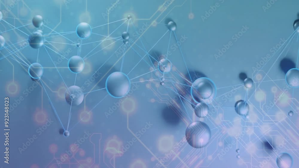 Poster animating molecular structure and network connections over blue background