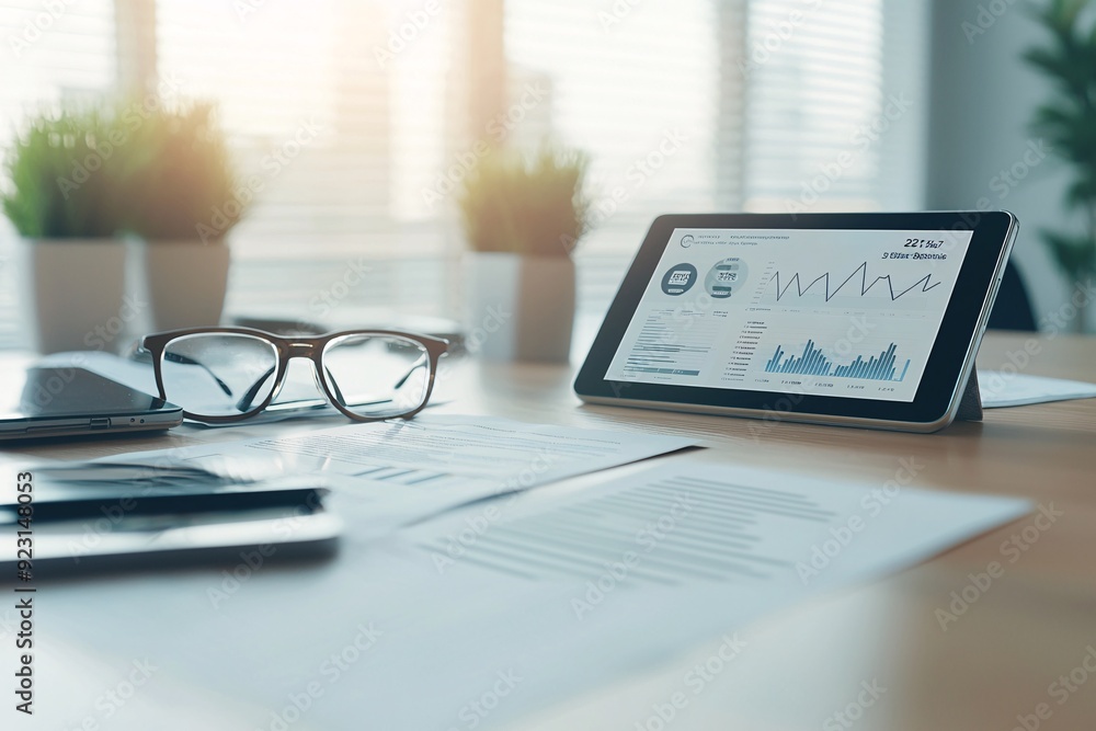 Poster a professional setting featuring a desk with bond certificates, a financial report on interest rates