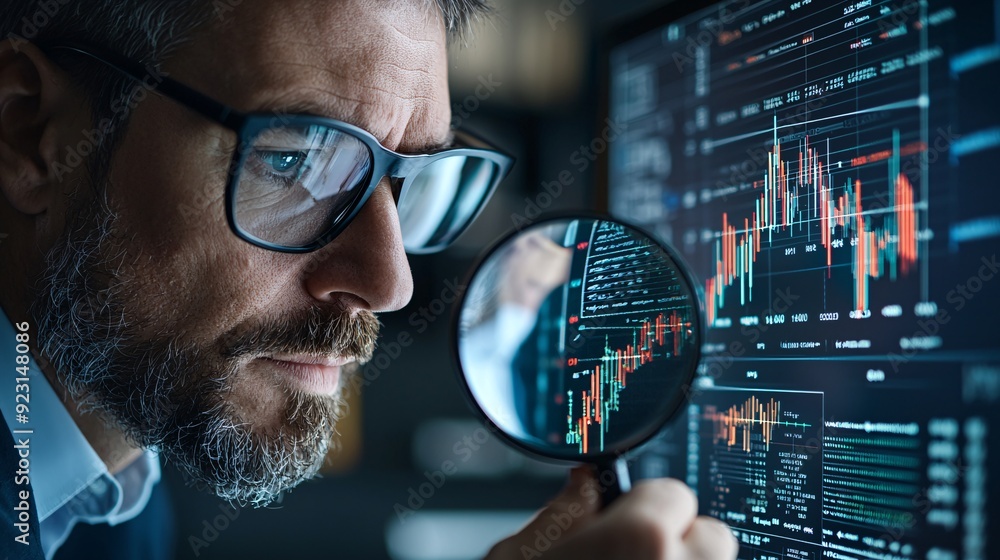 Poster a financial analyst closely examines a graph of bond yields and interest rates on a computer screen,