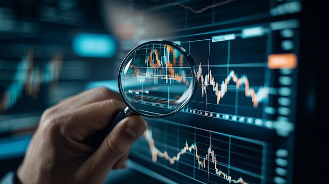 A financial analyst closely examines a graph of bond yields and interest rates on a computer screen, with a magnifying glass highlighting key data points. The image emphasizes the relationship