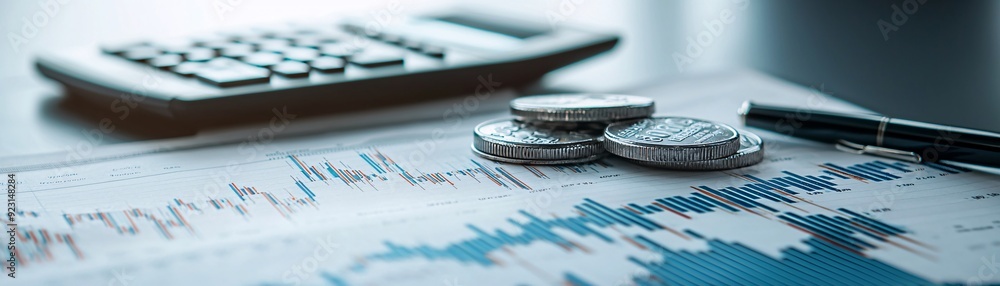 Poster a calculator and bond certificates lie on a table next to a chart displaying interest rate trends, s