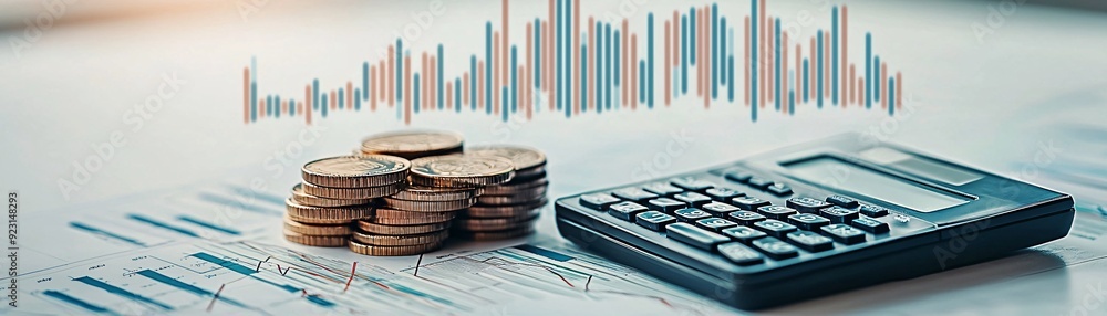 Poster a calculator and bond certificates lie on a table next to a chart displaying interest rate trends, s