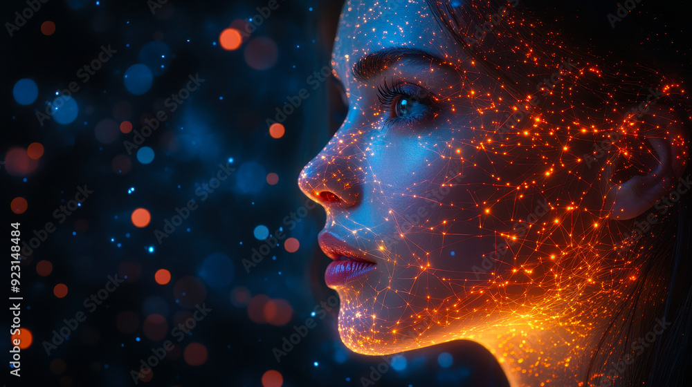 Aufkleber futuristic side profile of woman illuminated by glowing neon network nodes and interconnected pathwa