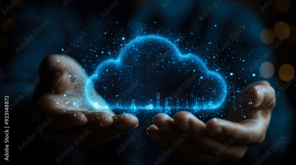 Poster businessman interacting with cloud computing network - data transfer and online storage technology f