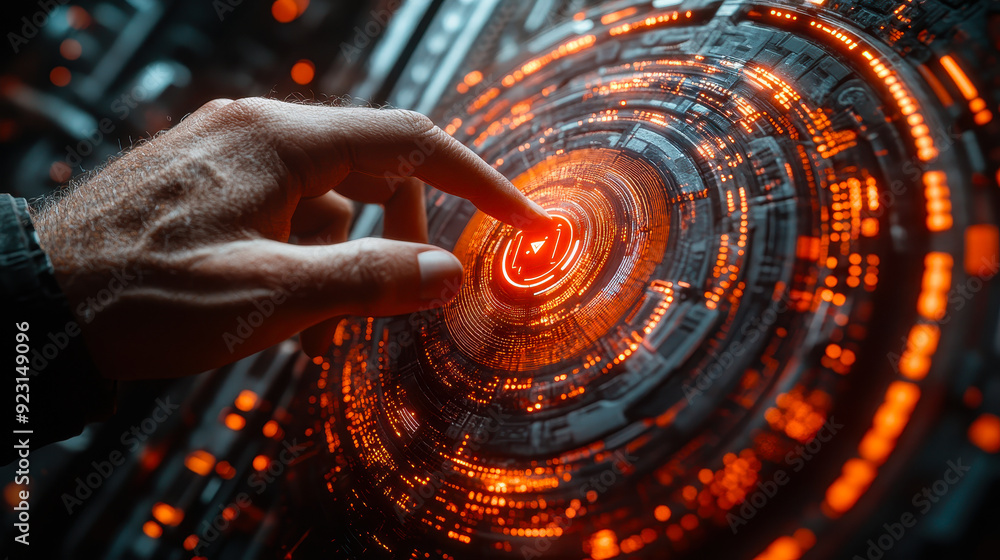 Poster man using mobile device selecting security icon on futuristic digital interface, emphasizing cyberse