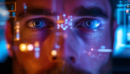 Close-up on eyes seen through digital holographic elements.
