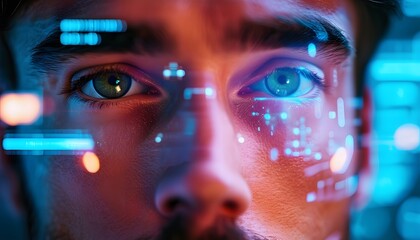 Close-up on eyes seen through digital holographic elements.