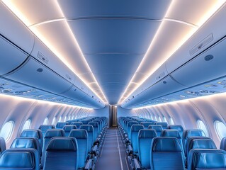  Interior view of an empty, modern airplane cabin with ambient lighting.