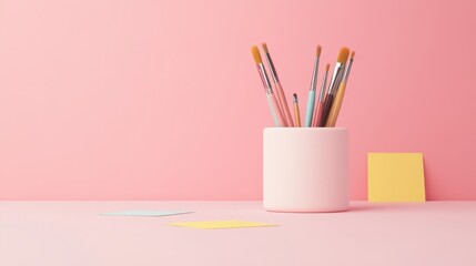 Rotating brush holder with multiple compartments, filled with various brushes, positioned on a vibrant, creative desk setup with colorful post-it notes and gadgets