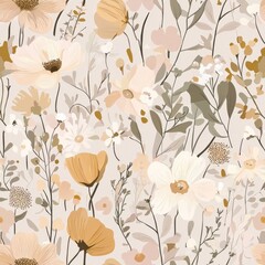 Seamless pattern of muted wildflowers in earthy tones and soft pastels