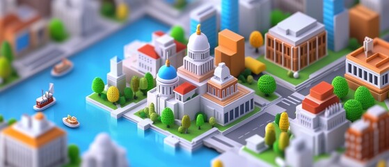 Vibrant Isometric Closeup of a Diverse Cityscape with Iconic Cultural Landmarks