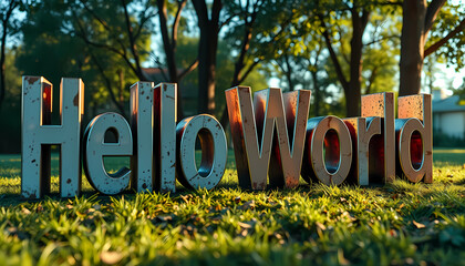 display of words "hello world" in metallic 3d letters, in sunlit park setting