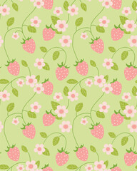 Red Strawberry and white flowers. seamless pattern for decorating all fashion designs, fabrics, wallpapers and prints. on a light green background