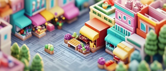 Urban Charm: Isometric Cityscape Featuring Lively Street Food Vendors