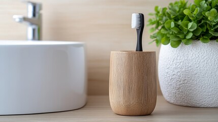 Naklejka premium Rustic wooden bathroom with a handcrafted brush holder, showcasing a blend of modern and traditional design elements in a toilet setting
