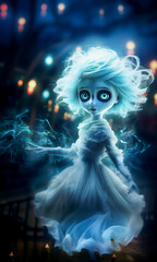 Obraz premium A spectral figure with glowing blue hair and large eyes, floating in a dark eerie environment with haunting lights