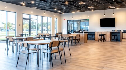 Fototapeta premium Modern interior of an empty commercial space with wooden tables, chairs, and large windows allowing natural light.