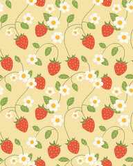 Red Strawberry and white flowers. seamless pattern for decorating all fashion designs, fabrics, wallpapers and prints. on a light brown background